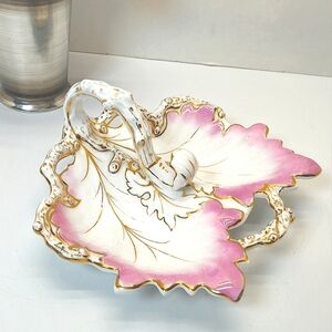 Antique CT Carl Tielsch Pink & Gold Leaf Divided Dish with Looped Handle 1900s